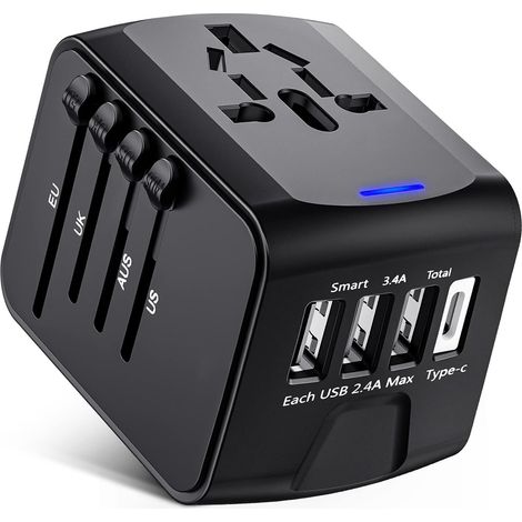 Kaelt - Adaptateur de voyage, adaptateur de prise universel avec ports USB de type C + 3 et prise secteur, prise d'adaptateur pour plusieurs pays (1/5)