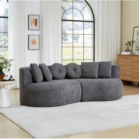 Divano modulare a 3 posti in tessuto ciniglia, forma organica, 6 cuscini inclusi, imbottitura in schiuma ad alta densità, colore beige (1/5)