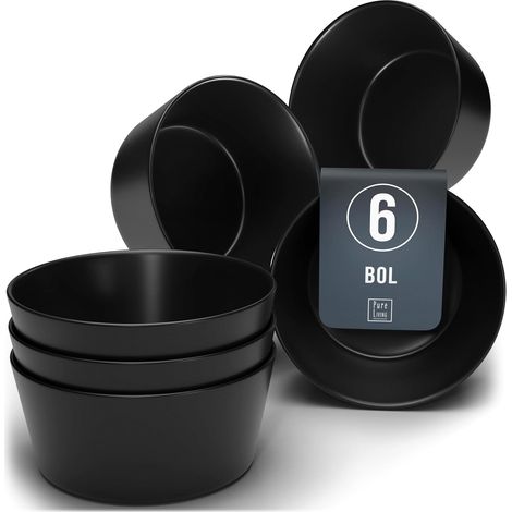 Set de 6 Bols à Céréales - Faïence Noir Mat - Résistant Micro-ondes et Lave-vaisselle - Pour Petit-déjeuner et Repas - Design Urbain Élégant (1/5)