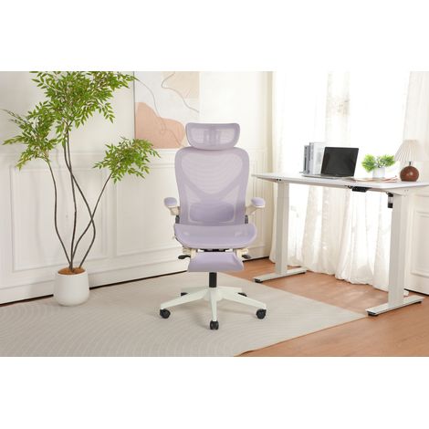 Chaise de bureau ergonomique pliante gain de place, dossier en maille intégrale, soutien lombaire, accoudoirs relevables, appui-tête 3D, repose-pieds intégré, violet (1/5)