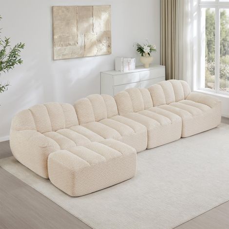 Canapé modulable 4 places avec 1 pouf, forme coquillage, sans armature, en mousse haute densité 32D, assise profonde, idéal pour le salon, tissu doux, beige et blanc (1/5)