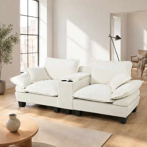 Sofá modular de 2 plazas con almacenamiento, portavasos y puertos USB, chenilla beige DESVIAE (1/5)