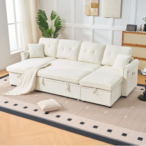 Divano letto angolare a U beige in ciniglia con contenitore, 4-5 posti, 266 x 130 x 85 cm (1/5)