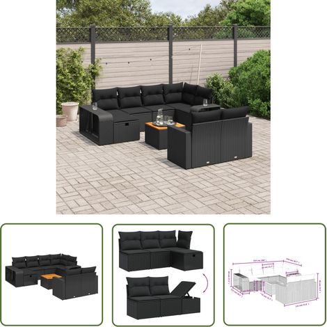 The Living Store 11-tlg. Garten-Sofagarnitur mit Kissen Schwarz Poly Rattan - Gartenmöbel Set - Esszimmergarnitur - Outdoor Möbel - Lounge Garnitur - Rattan Gartenmöbel (1/4)
