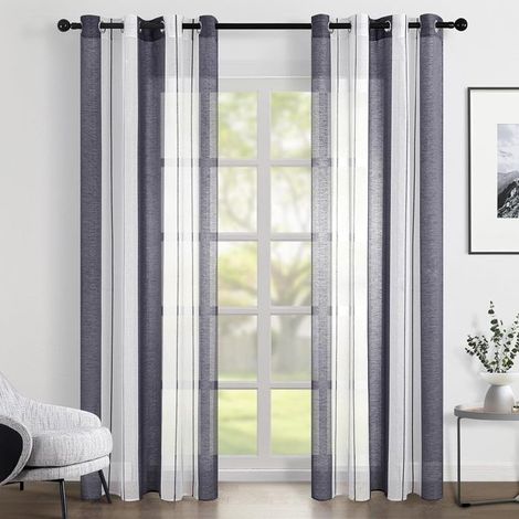 140x220cm BlancGris Rayures Lot de 2 Transparent Voilage Fenetre à œillets d'intérieur pour Salon Chambre