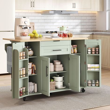 Îlot de cuisine mobile 120×45cm, desserte de cuisine, plan de travail extensible jusqu'à 70cm, tiroir à couverts dissimulé, étagères réglables, porte-épices et porte-serviettes, convient pour la cuisi (1/4)
