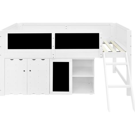 Cama alta infantil 90x200 cm con armario, pizarra y escalera inclinada, blanca HOMVRA (1/5)