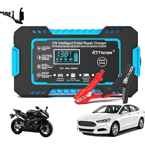 Cargador de baterías, carga automática inteligente, pantalla LCD digital, 12V 6A Azul (1/2)