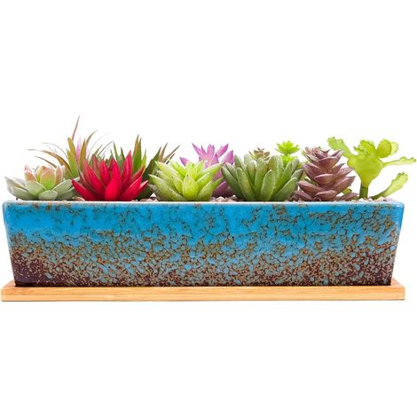 Pots de Plantes succulentes en céramique, récipients à Plantes rectangulaires Longs Modernes avec Plateau, boîte de fenêtre Peu Profonde de bonsaï de Cactus avec Drainage pour la décoration (1/5)