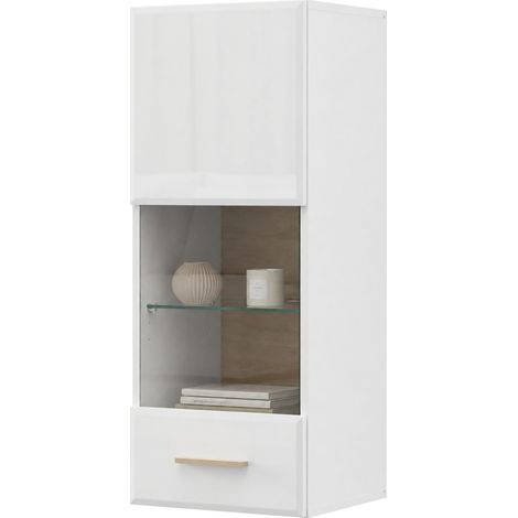 Mobile Pensile Gonnes, 2 Ripiani, Un'anta, Anta e Ripiano Dettaglio Vetro, 39x96h cm Bianco Opaco