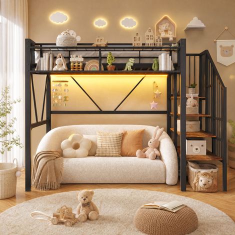 Letto a soppalco 251.5x113x170 cm, con scala e scaffali aperti, struttura in metallo e MDF, nero (1/5)