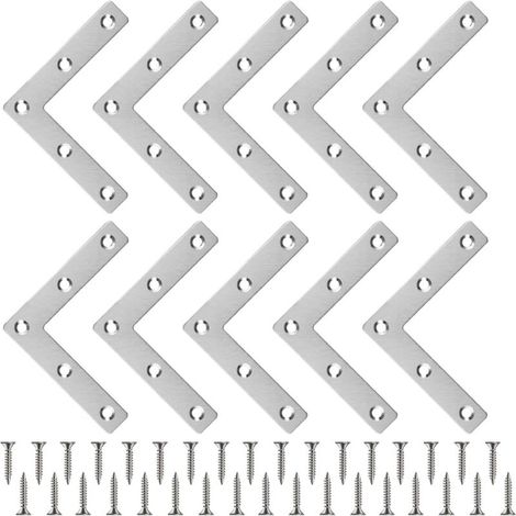 10 Pcs Equerre Plate Équerre Angle en Forme de L Connecteur Métallique Plat + 50 Vis Connecteurs d'Angle en Acier Inoxydable Equerre Fixation Plate 808015mm pour Fixation Meuble Menuisier Chais