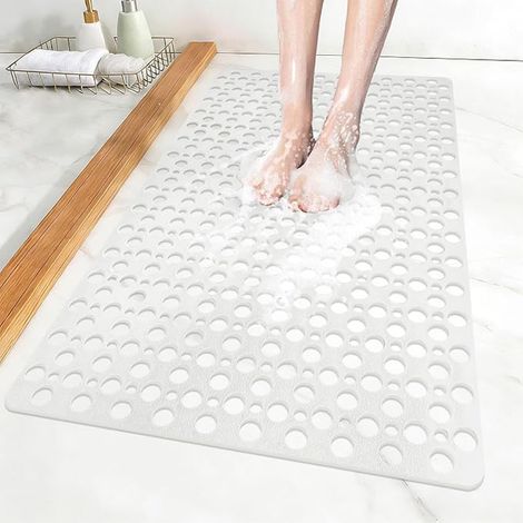 Non-Slip Shower Mat, 60 x 90 cm Bath Mat with Suction Cups, Bath Mat with Drain Holes, Large Non-Slip TPE Mat, Quick Drying (White-A, 60 x 90 cm (Rectangular))