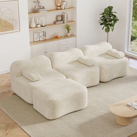 Canapé d’angle modulable 3 places 288 x 167 x 70 cm - Velours beige - Pouf, forme vague, mousse 32D