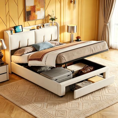 Lit 140x200 coffre, lit double avec LED et USB, lit adulte avec 1 tiroir, lits 2 Personnes ,lit fonction hydraulique, Tete de lit avec Rangement, lit velours, sans matelas, Beige (1/5)