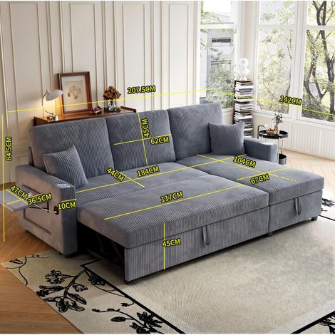 Canapé d'angle modulable en tissu gris avec espace de rangement et fonction convertible en lit 200 x 90 x 85 cm HOMAIRE (1/5)