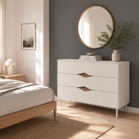 Cassettiera Marquise con 3 cassetti in colore cashmere e dettaglio rovere deep oud