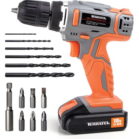 Terratek 18V Cordless Drill Driver with 1 Hour Fast Charge Lithium Battery and 13 Piece Accessory Set (1/5)