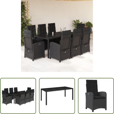 vidaXL Gartenessgruppe - 9-tlg. Garten-Essgruppe mit Kissen Schwarz Poly Rattan (1/5)