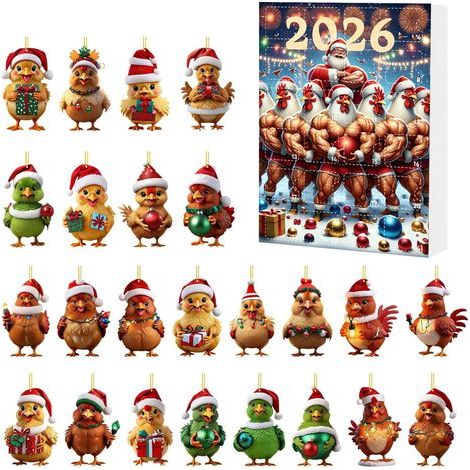 Weihnachtskalender aus Acryl zum Aufhängen mit Cartoon-Huhn-Anhänger, Überraschungsbox, 24-Tage-Countdown, Weihnachtsbaumschmuck (Typ D) (1/2)