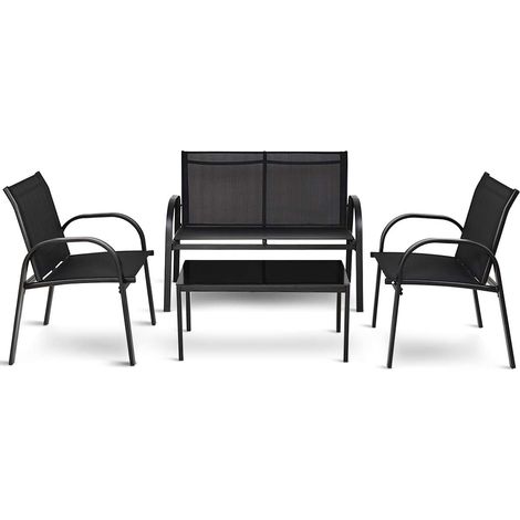 Set da Giardino con 4 Pezzi, Set da Giardino per Chiacchierare, Sedie da Giardino con Tavolino in Vetro, con Struttura Resistente in Ferro, Tessuto a Rete Traspirante, Grigio/Nero (Nero) (1/5)