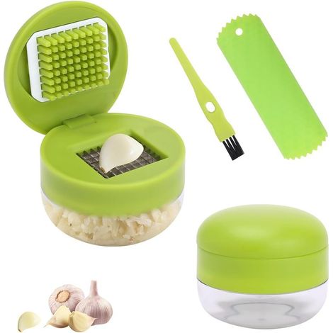 Knoblauchpressen-Set, 2-teilige manuelle Knoblauchpresse mit Silikonschäler und Reinigungsbürste, Klingen aus lebensmittelechtem Edelstahl, zerkleinert mühelos Knoblauch und Ingwer (1/5)