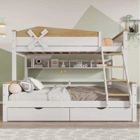 Kinder-Etagenbett 90x200/140x200 cm MDF, Weiß/Natur, mit Schubladen – MEUBLIV (1/5)