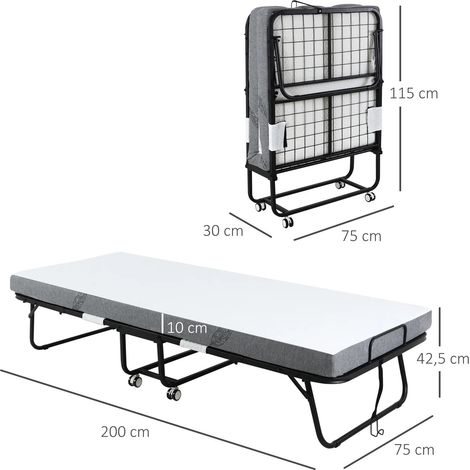 Lit d'appoint pliant avec roulettes, acier et mousse, blanc et noir, 200x75x42,5cm, pour invités, chambre ou salon, portable et compact. (1/5)