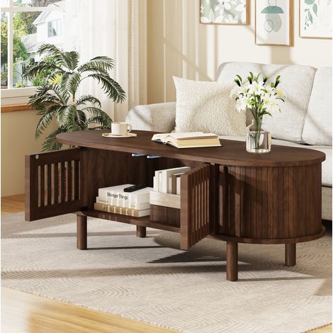 Mesa de centro ovalada 100x40x38 cm MDF nogal, patas de madera y almacenaje cerrado - CHICFURN (1/5)
