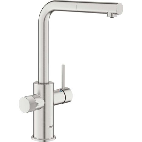 Grohe Blue Pure Minta Einhand-Spültischarmatur mit Filter, L-Auslauf, herausziehbarer Auslauf, schwenkbar, Supersteel, 30601DC0 (1/5)