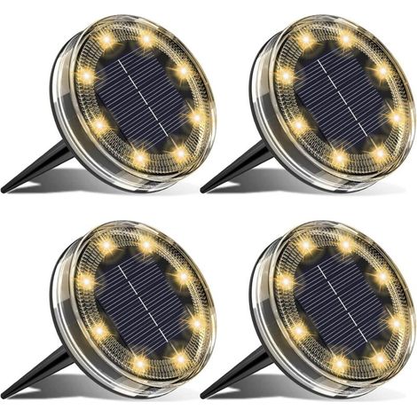 Lot de 4 Lampe Solaire Au Sol, 8 LED Lumiere Solaire Exterieur Jardin IP68 Étanche, Spot Solaire Extérieur pour Chemins Pelouse Terrasse Allée Cour Piscine Passerelle, Blanc Chaud (1/5)