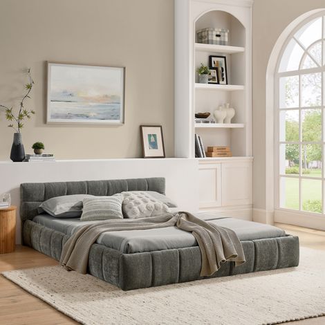 Letto matrimoniale 140200 cm, con rivestimento in ciniglia morbidissima, trapuntatura a quadri, realizzato in legno di eucalipto ecologico e robusta struttura in ferro, facile da montare, colore grigi