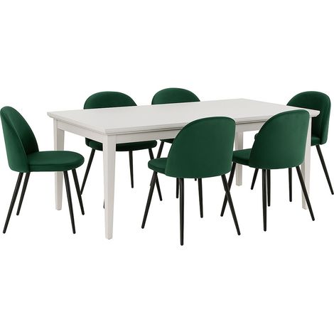Venedig ensemble pour salle à manger table à manger blanc 95x180/276 avec 2 plateaux supplémentaires 6 chaises velours vert. (1/5)