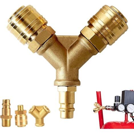 Distributeur d’Air en Y, Distributeur d'Air Comprimé, Raccord Air Comprimé à 2 Voies, Répartiteur d'air comprimé, Avec Deux Connecteurs Filetés 1/4 Pouce, en Laiton Antirouille (1/5)