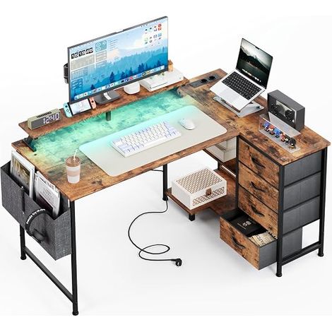 Corner Desk with 4 Fabric Drawers 120 x 90 cm L-Shaped Reversible Desk with USB Charging Port and Plug L-Shaped Desk with Monitor Tray for Home Office (1/2)