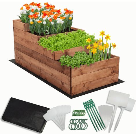 MODO24 Carré potager surélevé en bois, 4 niveaux en cascade, 54x60x120 cm, jardin/terrasse, kit jardinier inclus, brun imprégné
