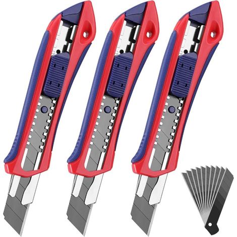 – Lot de 3 cutters professionnels 18mm – Lames SK5 extra tranchantes – Système de verrouillage sécurisé – Poignée ergonomique antidérapante (1/5)
