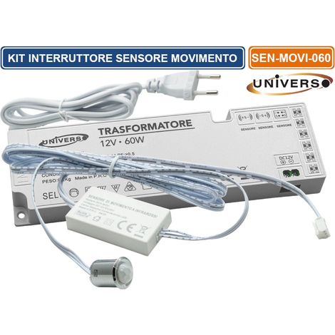 KIT MINI INTERRUTTORE SENSORE MOVIMENTO INFRAROSSI 12V 24V PASSAGGIO PIR CON ALIMENTATORE 60W ACCENSIONE AUTOMATICA STRISCE LUCI LED