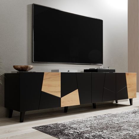 Meuble TV design noir mat et chêne 200 cm Fuji (1/5)