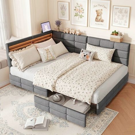Doppel-Tagesbett 140x190 cm mit 2 Schubladen und LED - Gepolstertes Schlafsofa aus Leinen mit USB und Lattenrost - Für Jugendliche und Erwachsene - Grau