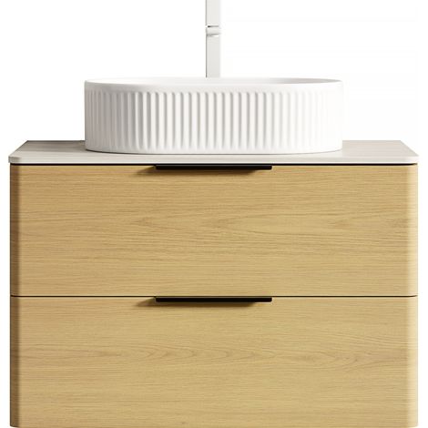 Mueble de baño suspendido 75 cm con lavabo ovalado blanco, encimera de piedra sinterizada, 2 cajones (1/5)
