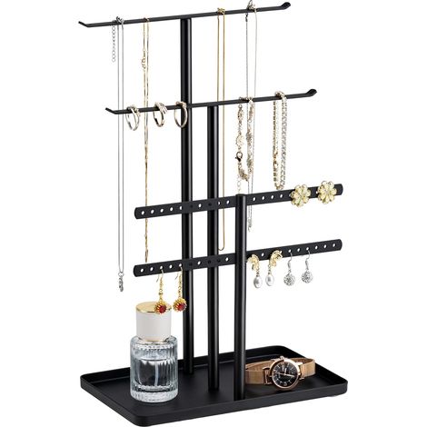Organisateur de Support à Bijoux à 3 Niveaux - Support Solide pour 80 Pièces de Bijoux - Porte-Bijoux Noir - Porte-Bijoux pour Colliers, Boucles d'oreilles, Bracelets, Bagues - Cadeau pour Femmes (1/5)