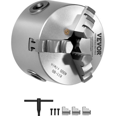 VEVOR Mandril de Torno de 3 Mordazas 80 mm Autocentrante Rango de Sujeción de 2-63 mm con Tornillos de Fijación con Llave en T, Mordazas Reversibles, Interior/Exterior para Torno de Madera y Metal