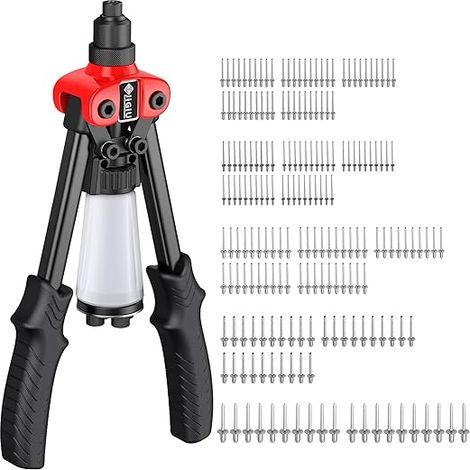 Pince à Rivets 31cm/12" Riveteuse Manuelle avec 200pcs Rivets Jeu de Pistolet à Rivets Professionnel Riveteuse à Double Poignée Rivet à Main avec 5 Embouts Nasaux Remplaçables 2.4 à 6.4 mm (1/4)