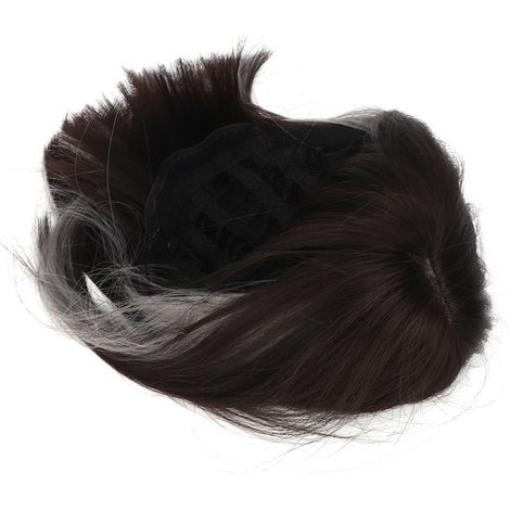 Perruque courte carrée femme noire et beige gris, frange droite, fibres synthétiques, couvre-oreilles, teinte sombre, style bob, cheveux lisses, usage quotidien (1/5)