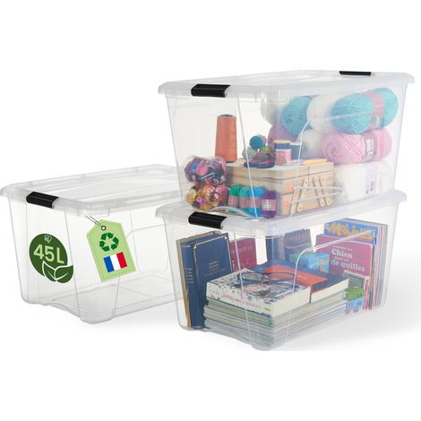 Iris Ohyama, Aufbewahrungsbox für zu Hause aus recyceltem Kunststoff, 45L, 3er-Set, transparent, BSB-45