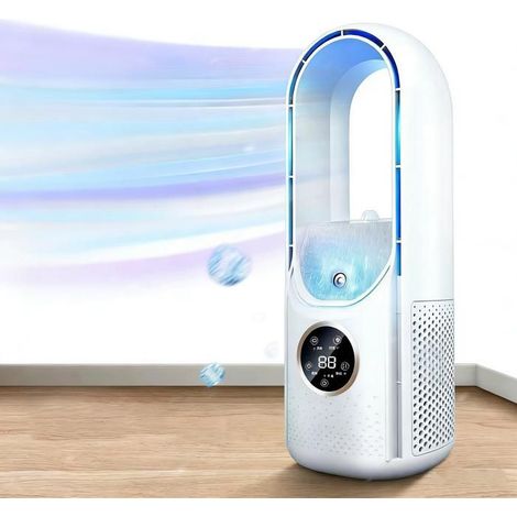 Ventilateur sans pales, 6 vitesses, Minuterie, Écran LED, Refroidissement et humidification, Pulvérisation, Ventilateur domestique (1/5)