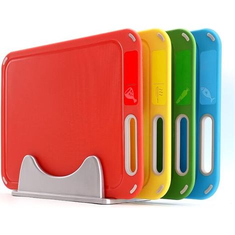 SABIR Planche à découper en plastique avec grille de rangement, sans BPA, pack de 4, empêche la contamination croisée de différents aliments, va au lave-vaisselle, taille de la planche à découper : 33 (1/5)