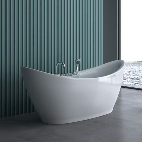 doporro Freistehende Design-Badewanne Vicenza603 180x80x80cm komplett mit Ablaufgarnitur inkl. Armaturen und Überlauf aus Acryl in Weiß und DIN-Anschlüssen