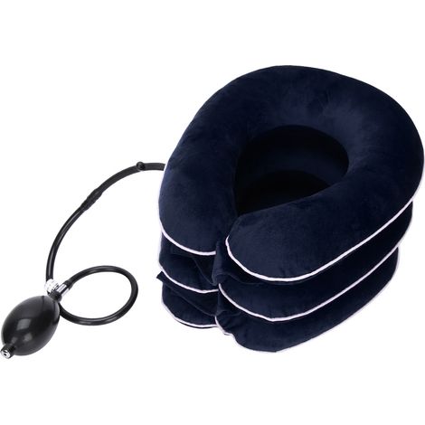 Collier cervical gonflable à air bleu pour traction du cou, soutien anti-douleur, massage et étirement cervical. (1/5)